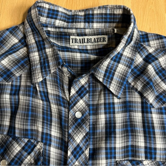 Vintage Trailblazer Blue and White Pearl Snap Plaid Long Sleeve Shirt XL - Picture 3 of 7